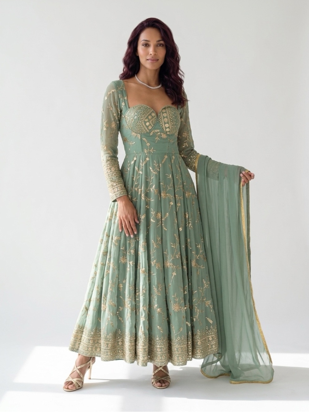 Women's Sage Green Embroidered Long Sleeve Anarkali Dress and pants with Dupatta